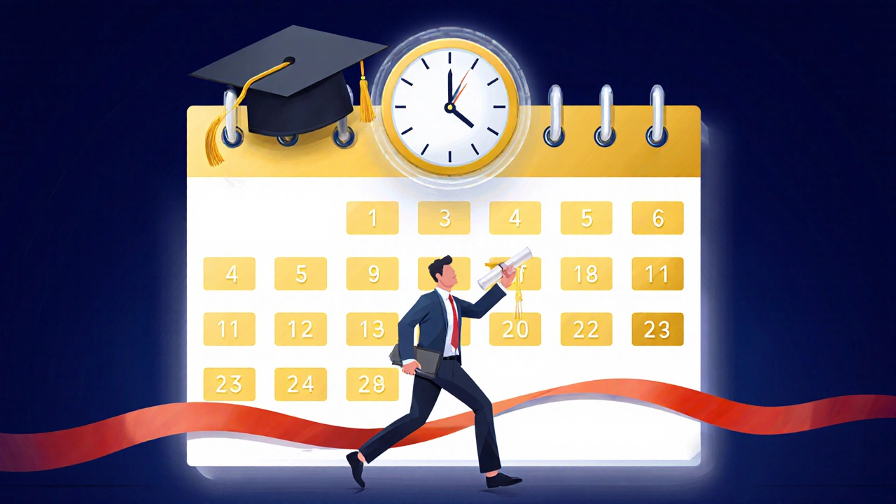 Calendar timeline with graduation cap and clock symbolizing rapid degree completion.