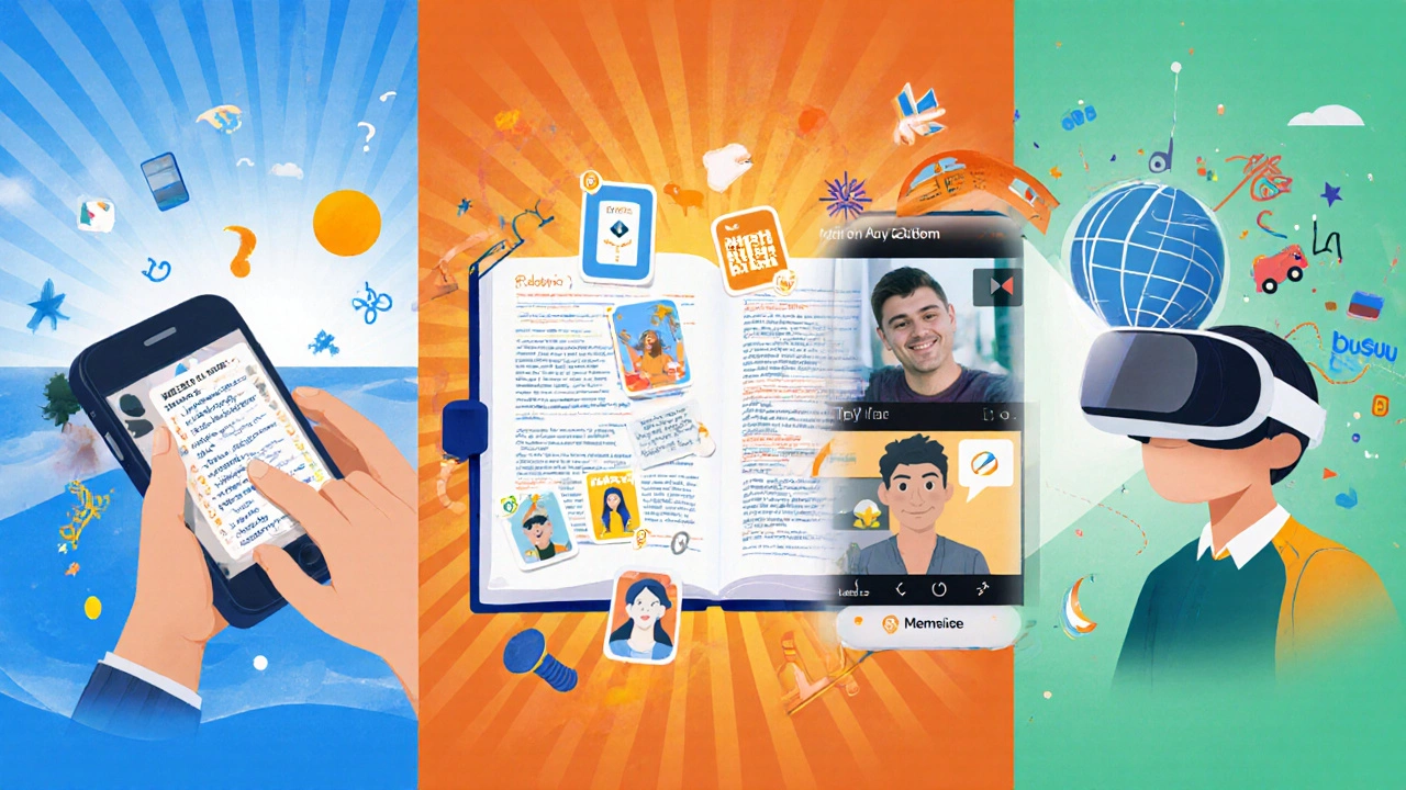 Collage of five scenes representing casual, grammar, visual, conversation, and immersive learning.