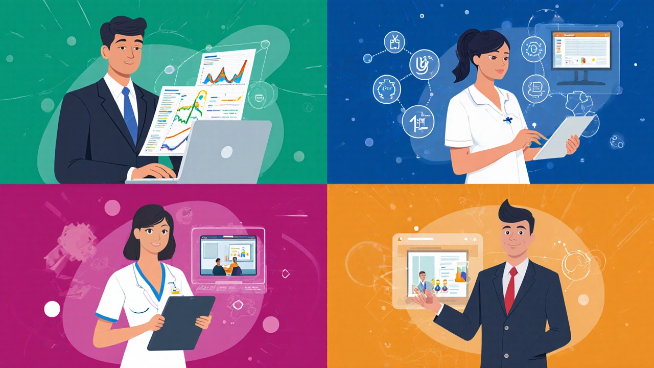 Collage of four professionals studying online for fast‑track degrees.