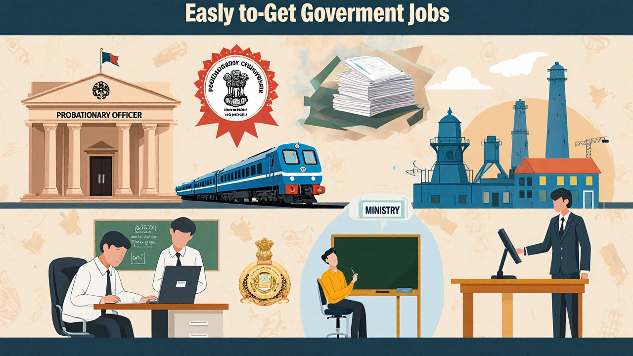 Collage of seven easy government jobs: bank PO, SSC, railway clerk, teacher, PSU, police, ASO.