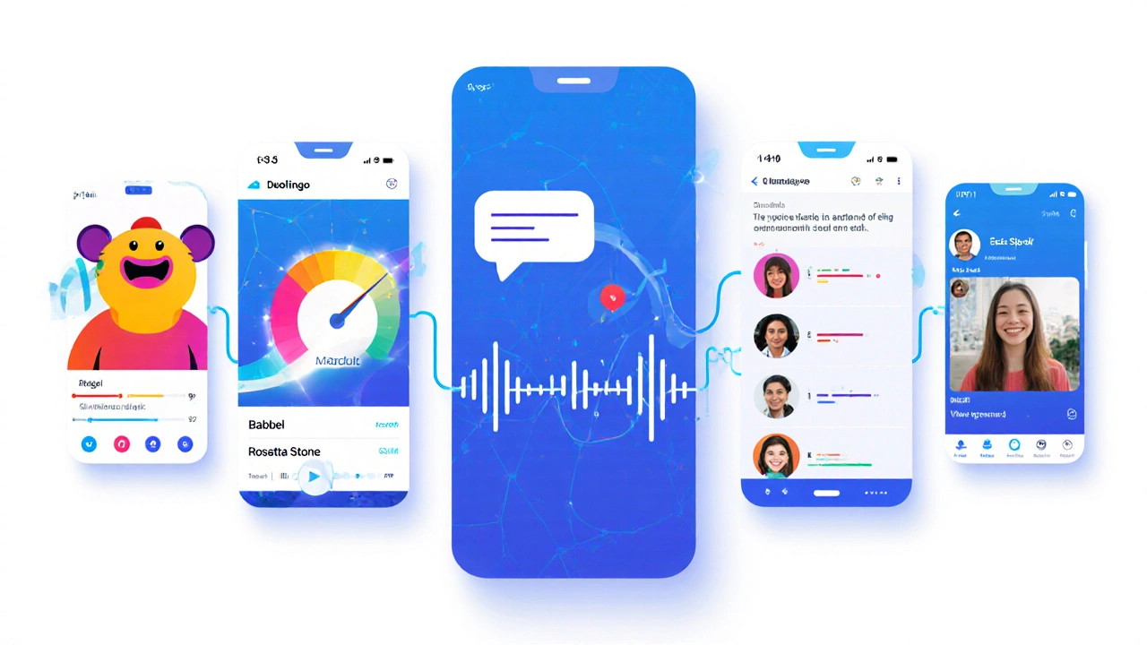Collage of several language‑learning app interfaces showing AI scores, video calls, and pronunciation feedback.