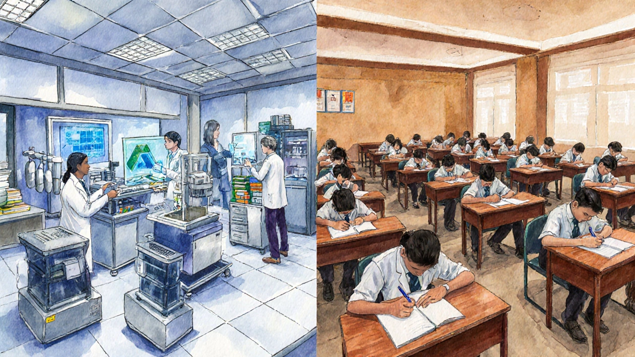 Dubai high‑tech lab with students alongside an Indian exam hall with students taking a test.