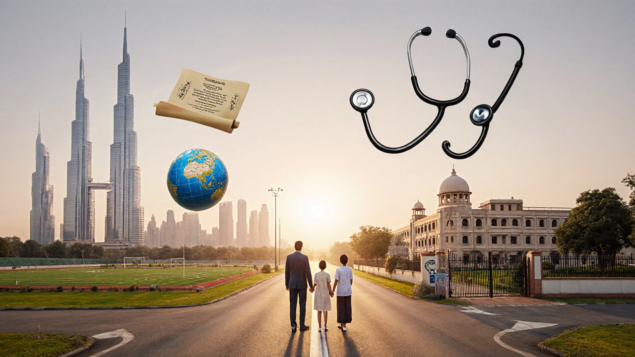 Family at a forked road choosing between Dubai’s global university path and India’s engineering/medical path.