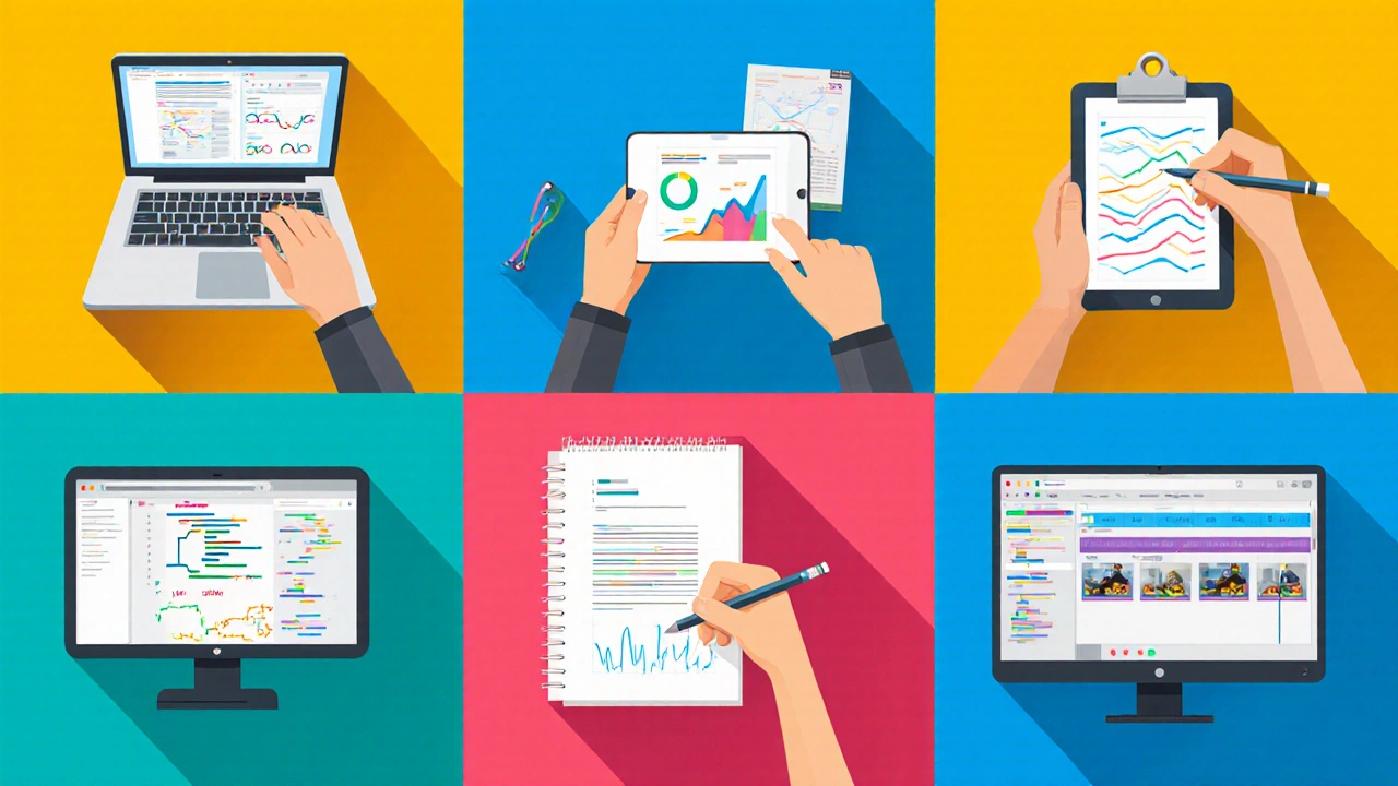 Flat collage depicting freelancing, digital marketing, graphic design, copywriting, web development, and video editing.