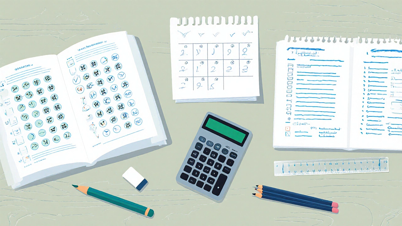 Flat‑lay of two exam booklets, one with MCQ bubbles, the other with numeric answer grids, plus study tools.