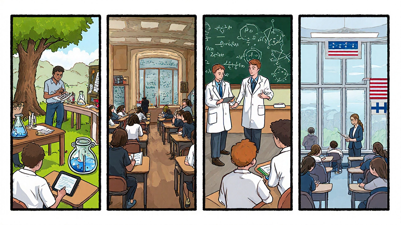 Four comic‑style panels show IB community project, Cambridge lab, AP exam hall, and Finnish classroom.