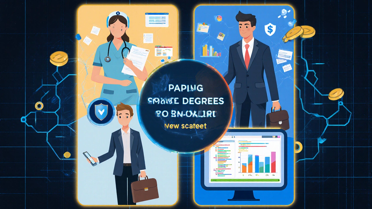 Four panels showing nurse, businessperson, cybersecurity analyst, and data analyst.