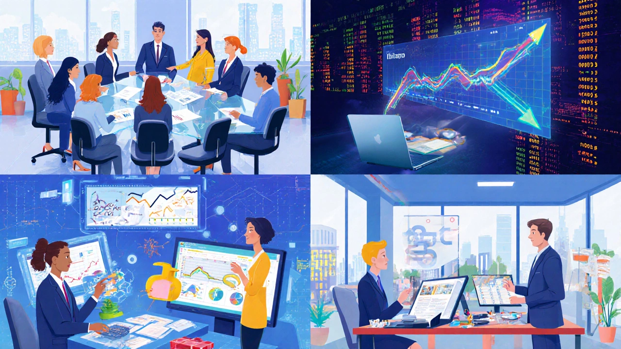 Four scenes showing MBAs in consulting, tech, finance, and consumer goods roles.