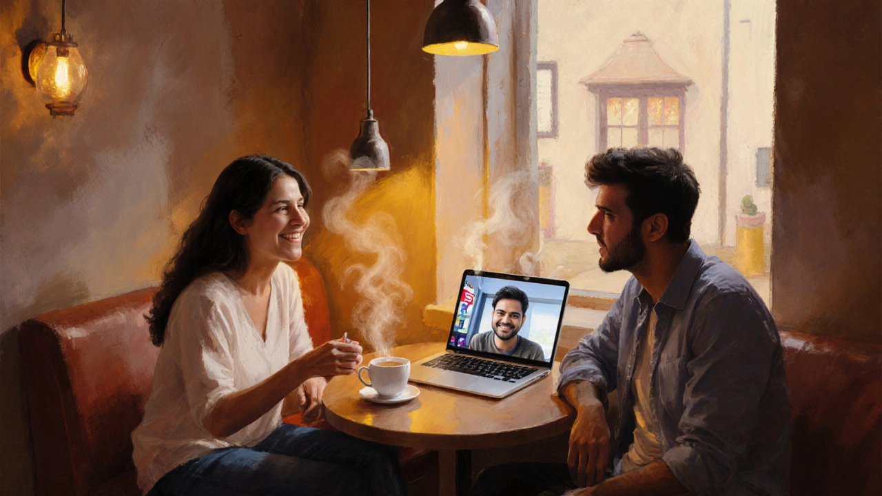Friends chatting confidently in a coffee shop during a language exchange video call.