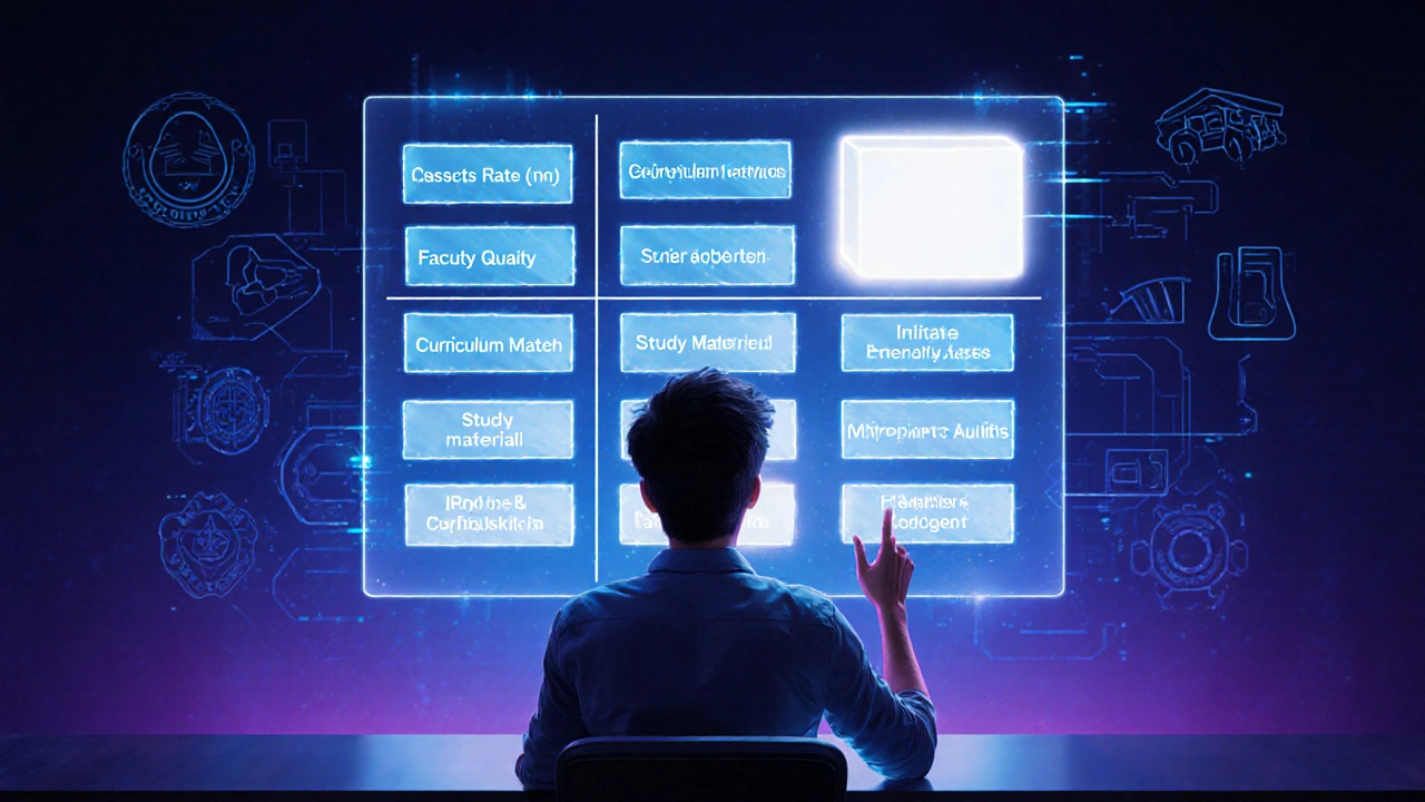 Futuristic holographic matrix showing glowing blocks for weighted NEET institute scores.