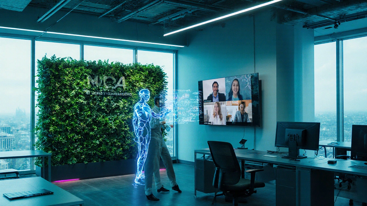 Futuristic office with AI hologram, green sustainability wall, and remote team.