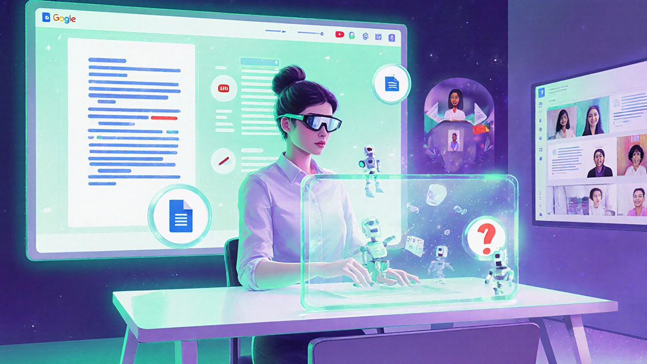 Futuristic teacher reviewing AI‑generated feedback in Google Docs with holographic UI elements.