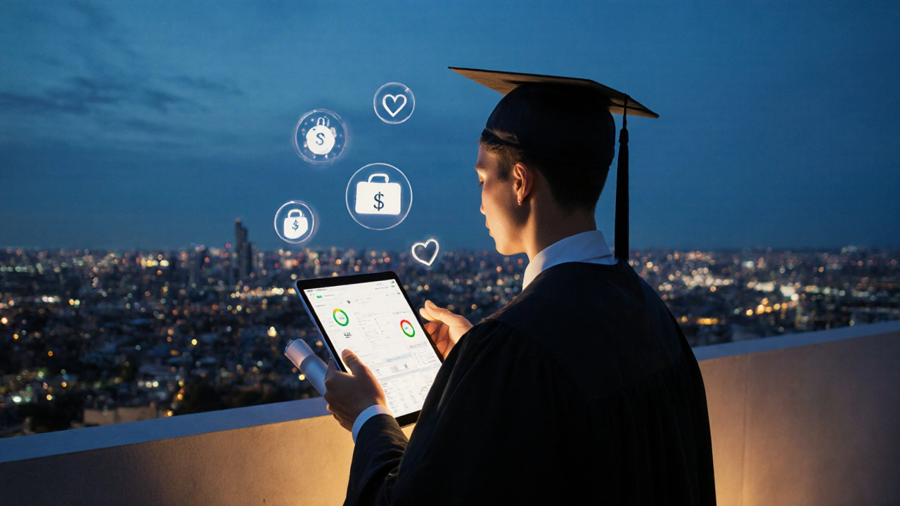 Graduate in cap and gown on balcony at dusk with city lights behind.