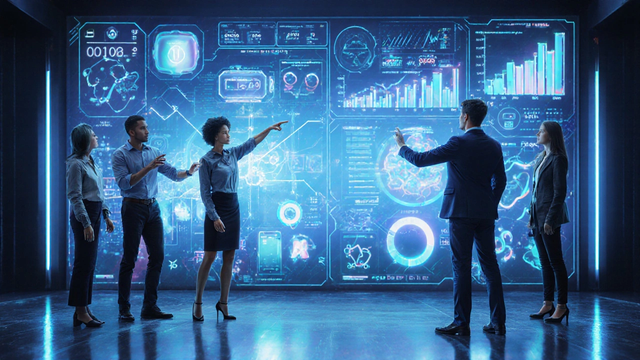 Group interacting with a holographic dashboard displaying app performance metrics.