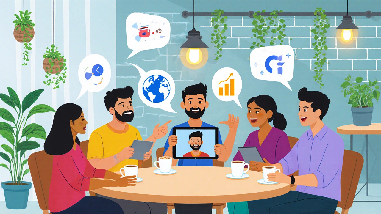 Group of diverse people chatting at a café table, some using tablets for virtual exchange.