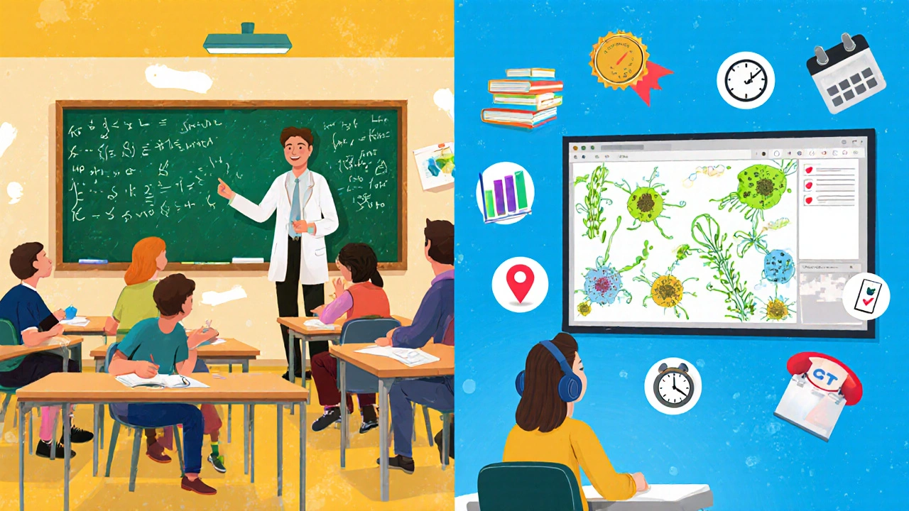 Illustration split between a lively classroom and an online study setup with icons for key criteria.