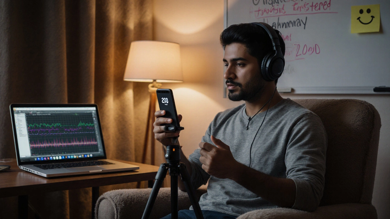 Learner recording a 20‑minute speaking session with headphones and a timer in a cozy room.