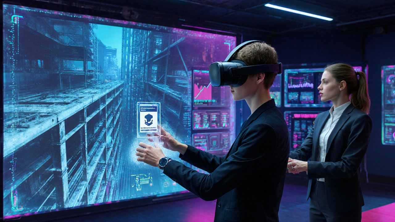 Learner using VR headset to practice construction skills with holographic tools.