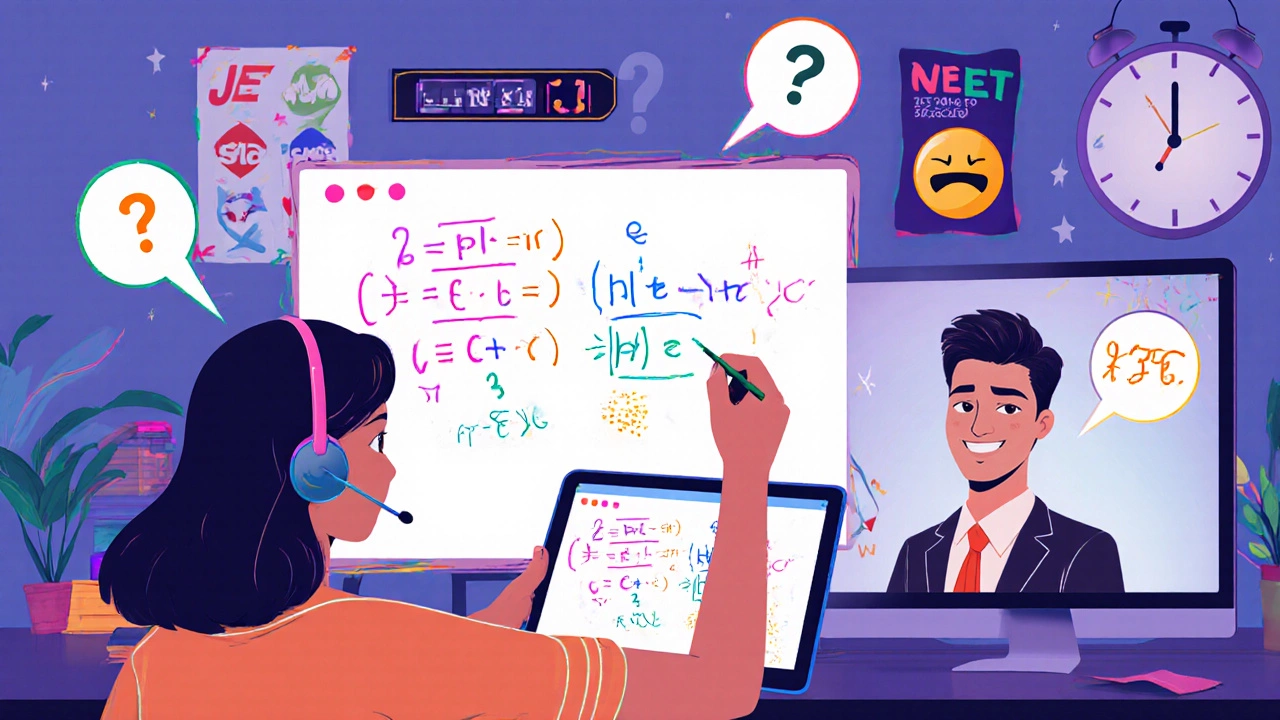 Live online class with a student raising a question on a digital whiteboard.