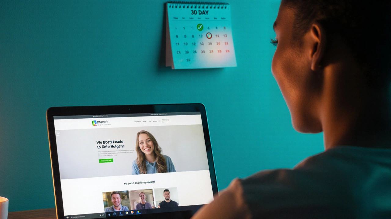 Person showcasing a portfolio on a laptop during a video call, with a 30‑day calendar visible.