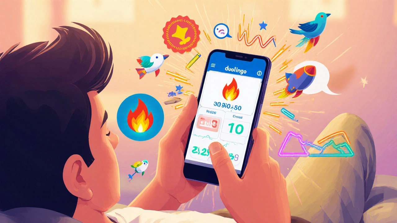 Person using Duolingo on phone, surrounded by colorful game elements and speech waves.