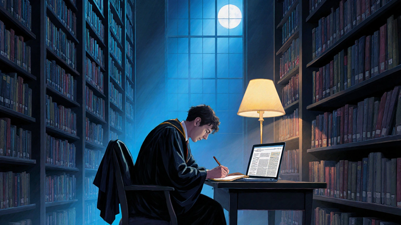 Scholar researching late at night in a library with Ph.D. hood nearby.