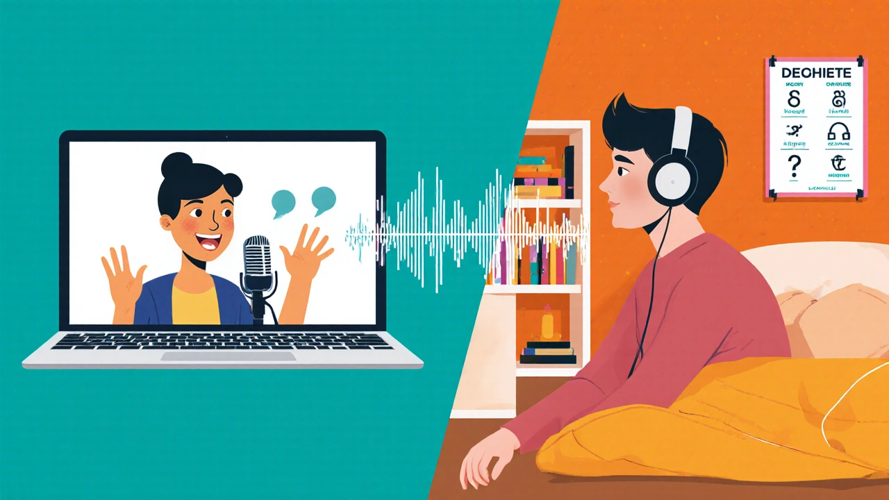 Split-screen illustration of a native speaker and learner shadowing speech together.