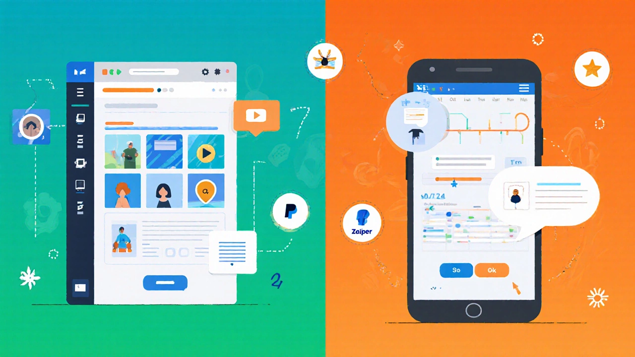 Split-screen view of a course builder UI and student mobile app with integration symbols.