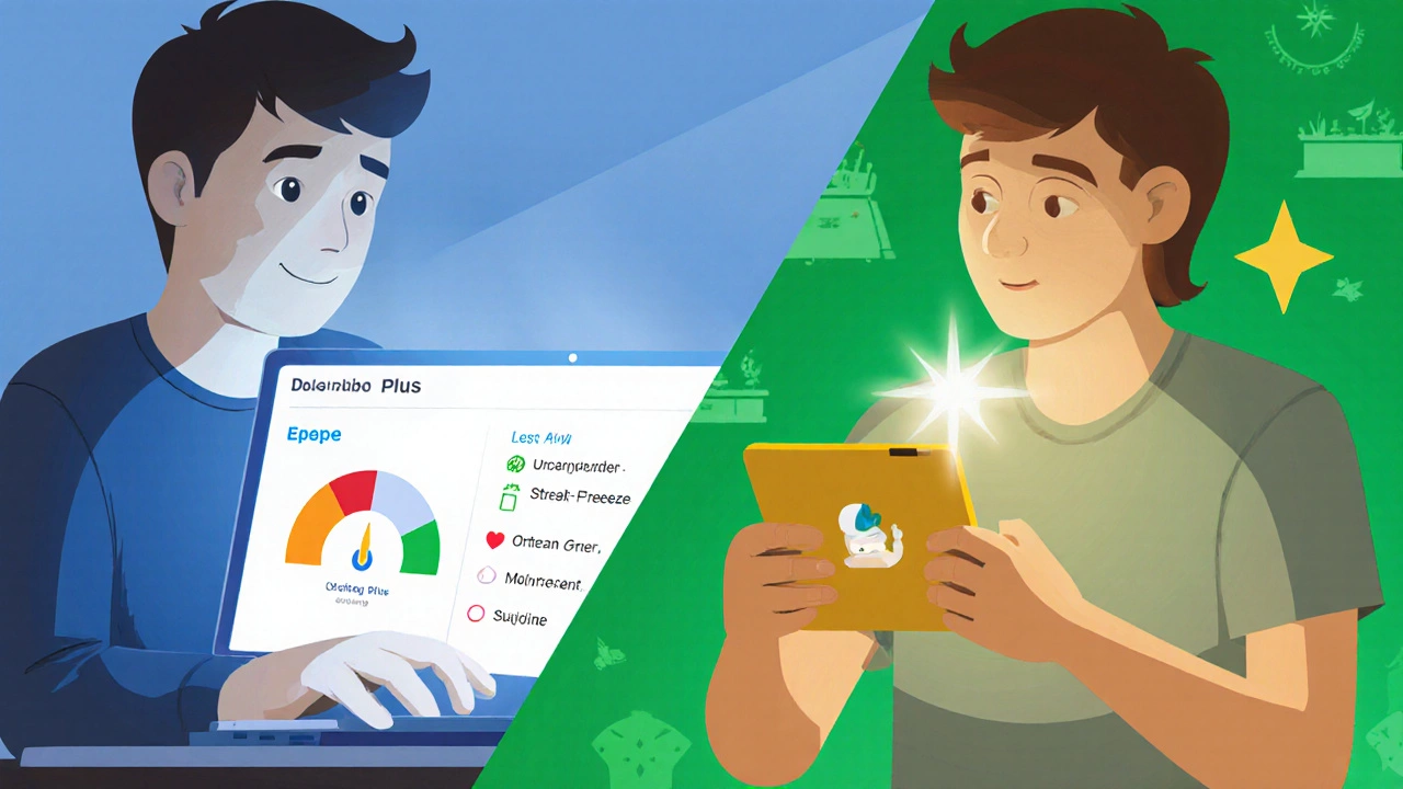 Split view comparing a free Duolingo lesson with ads to an ad‑free Plus experience.