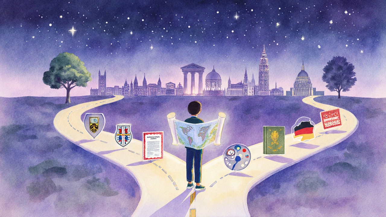 Student at dusk crossroads with paths marked by icons of major international curricula and distant universities.