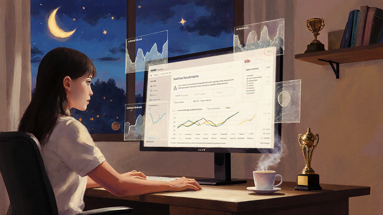 Student taking a mock exam on a monitor with glowing analytics in a night setting.