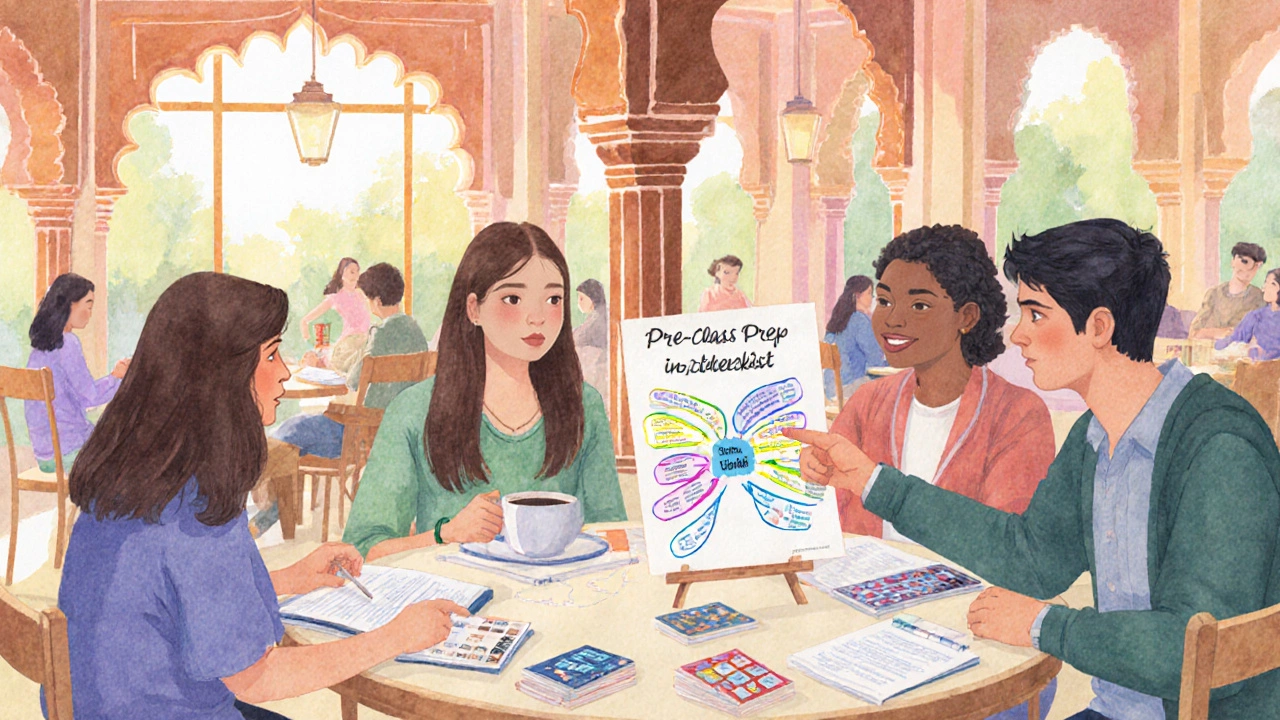 Study group in a café using flashcards and a checklist to prepare for hard classes.