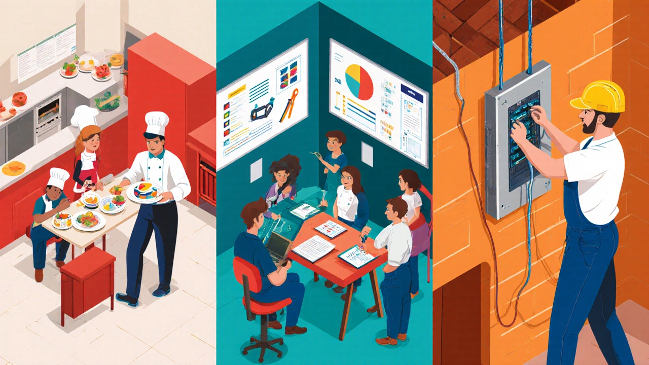 Three panels showing culinary, graphic design, and electrician apprenticeship training.