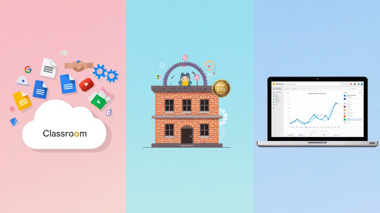 Three panels showing Google Classroom, Moodle and Canvas as distinct workstations with visual feature icons.