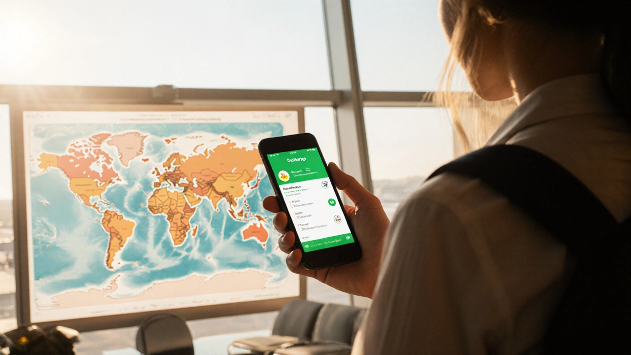 Traveler at an airport using Duolingo on a phone, showing a completed lesson badge.