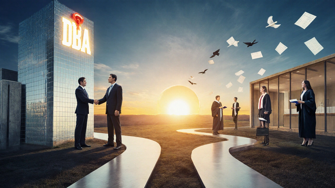 Two paths diverge from an MBA diploma toward corporate and academic futures.