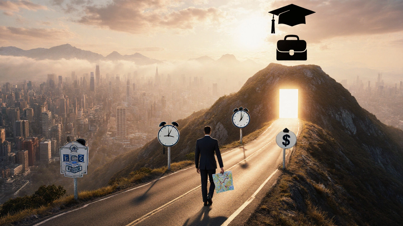 Winding road with signs for credits, work, time, and cost leading to a glowing graduation cap on a mountain.