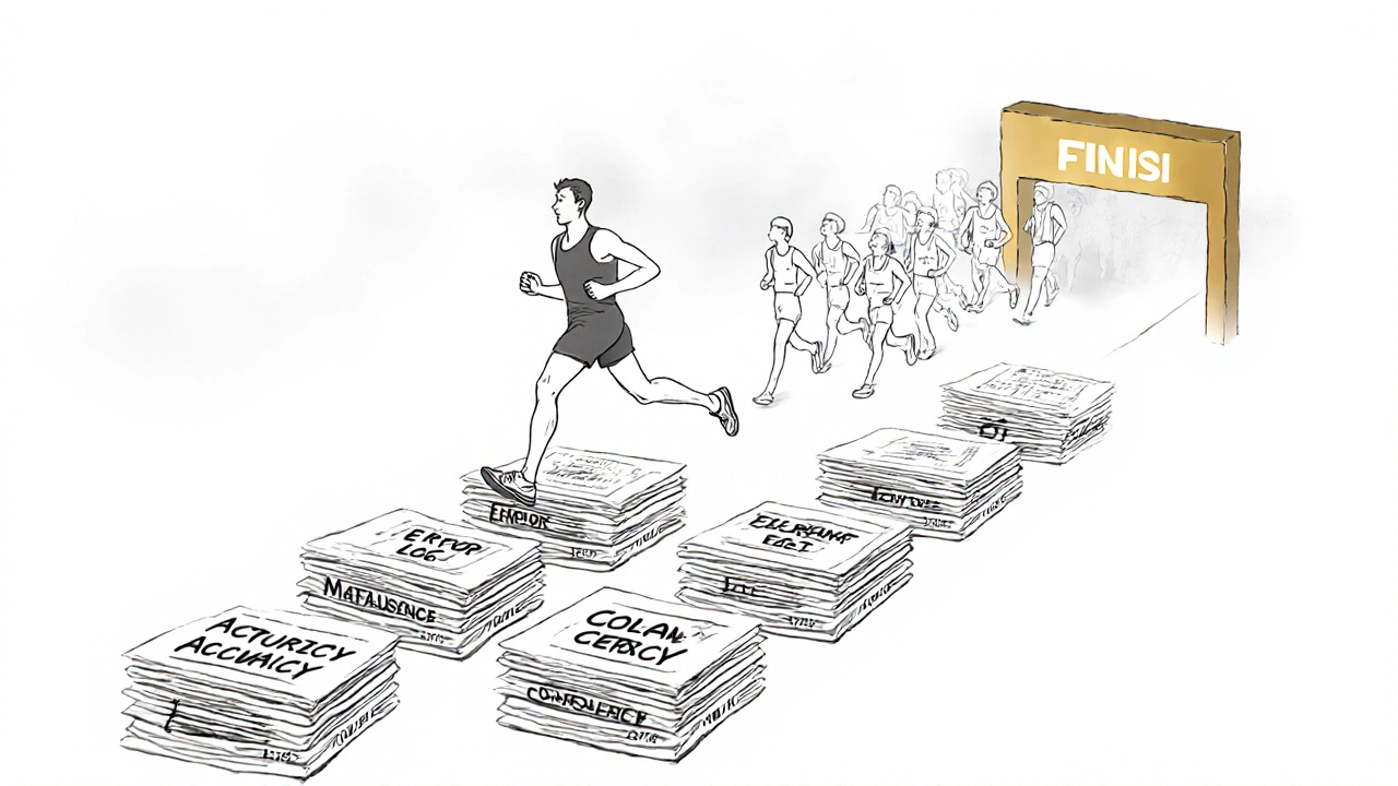 A runner on a path made of exam papers, heading toward a glowing &#039;1&#039; finish line.