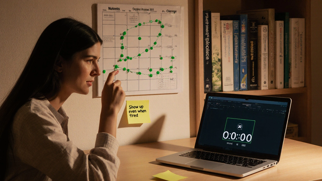 A student celebrating consistent study habits by tracing green dots on a calendar, surrounded by JEE resources.