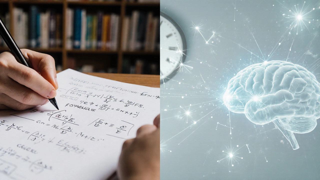 A student solving a complex JEE Advanced physics problem with visualized equations and forces in the air.