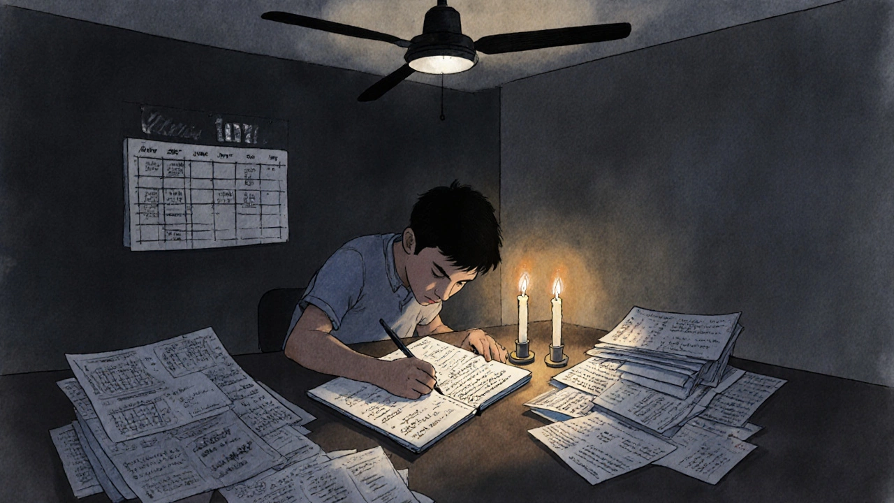A student writing by candlelight during a power cut, surrounded by printed JEE papers.