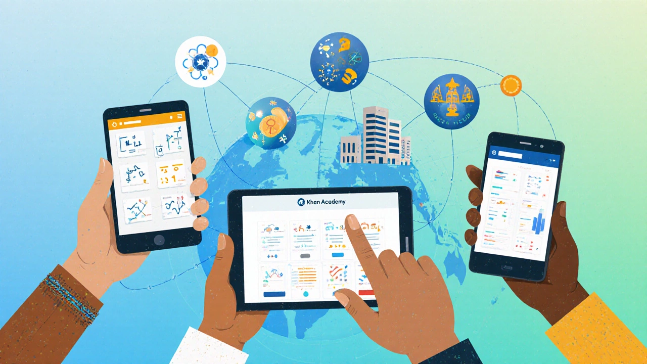 Diverse hands from around the world hold devices showing Khan Academy’s free learning content.