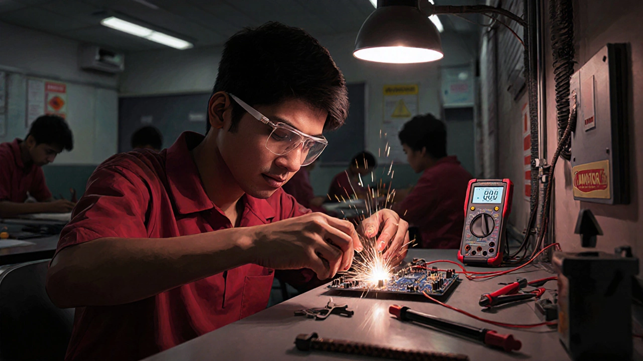 Electrical engineering student wiring a high-voltage circuit in a lab with safety gear and tools, sparks visible.