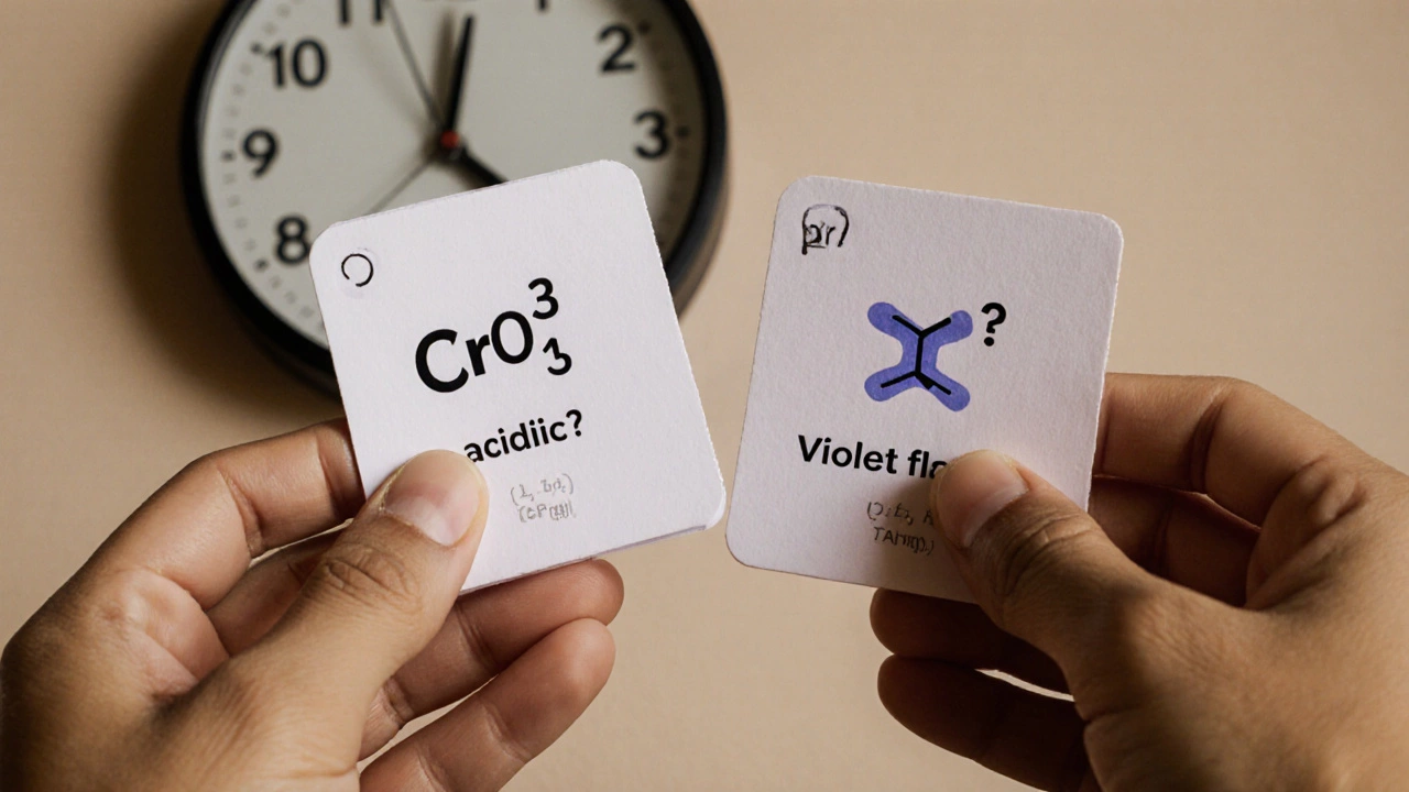 Hands holding flashcards with key chemistry concepts from NCERT and O.P. Tandon
