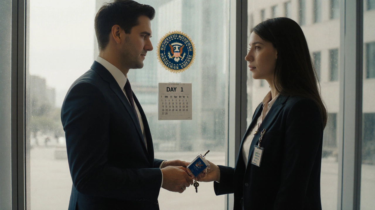 International new hire receiving government badge and keys at federal agency entrance.