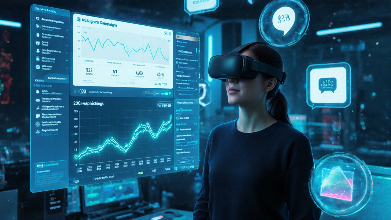 Learner viewing real-time ad campaign results in a virtual simulation with AI feedback.