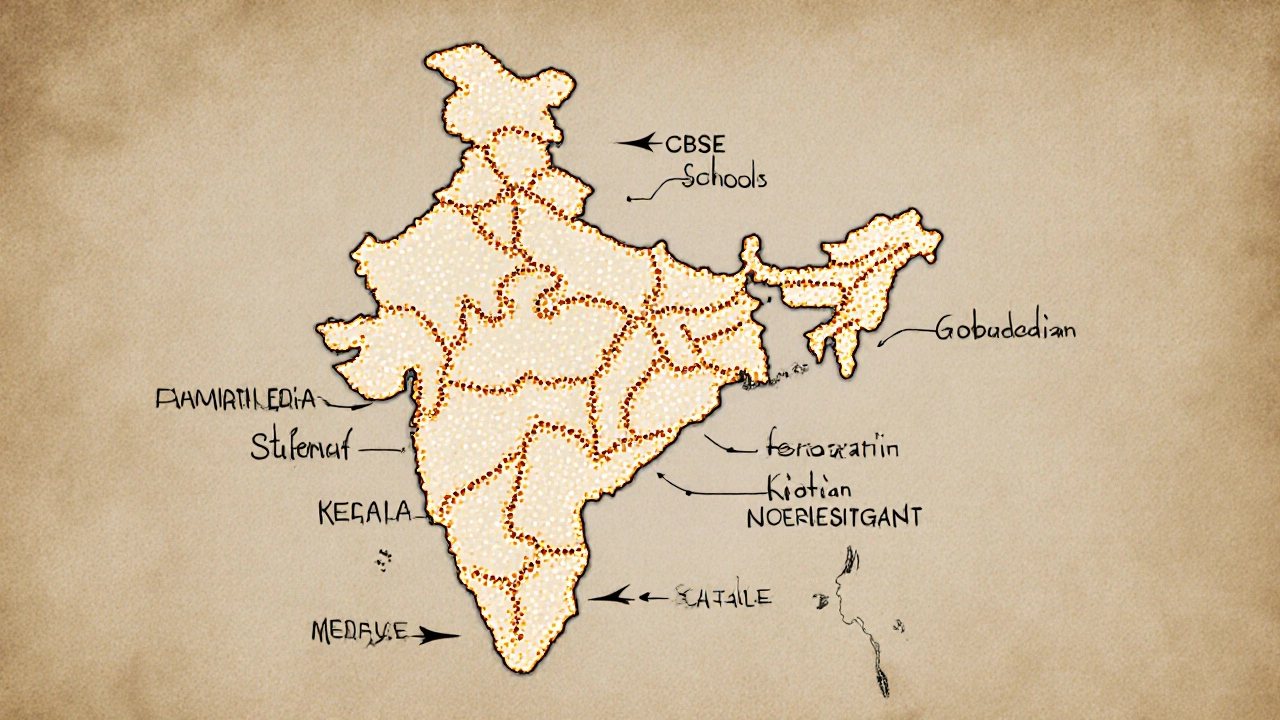 Map of India showing density of CBSE schools with strongest concentration in Uttar Pradesh