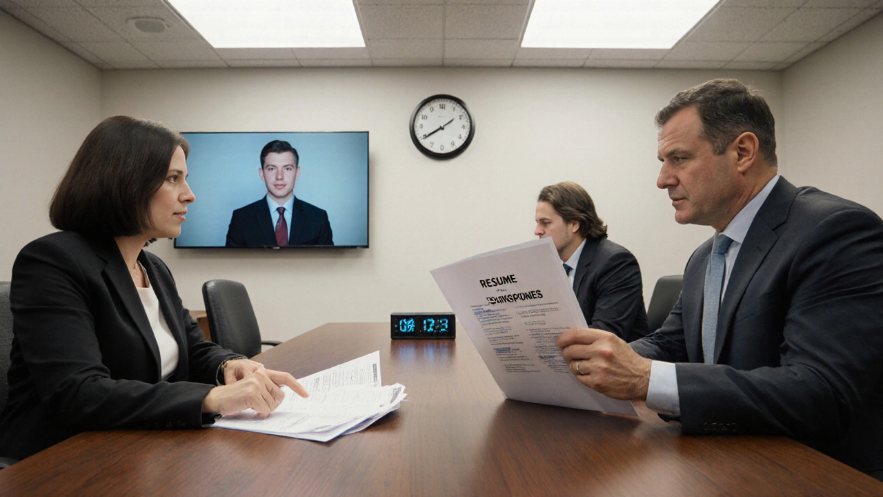 Panel of U.S. hiring managers reviewing detailed federal resumes and KSA responses in interview room.