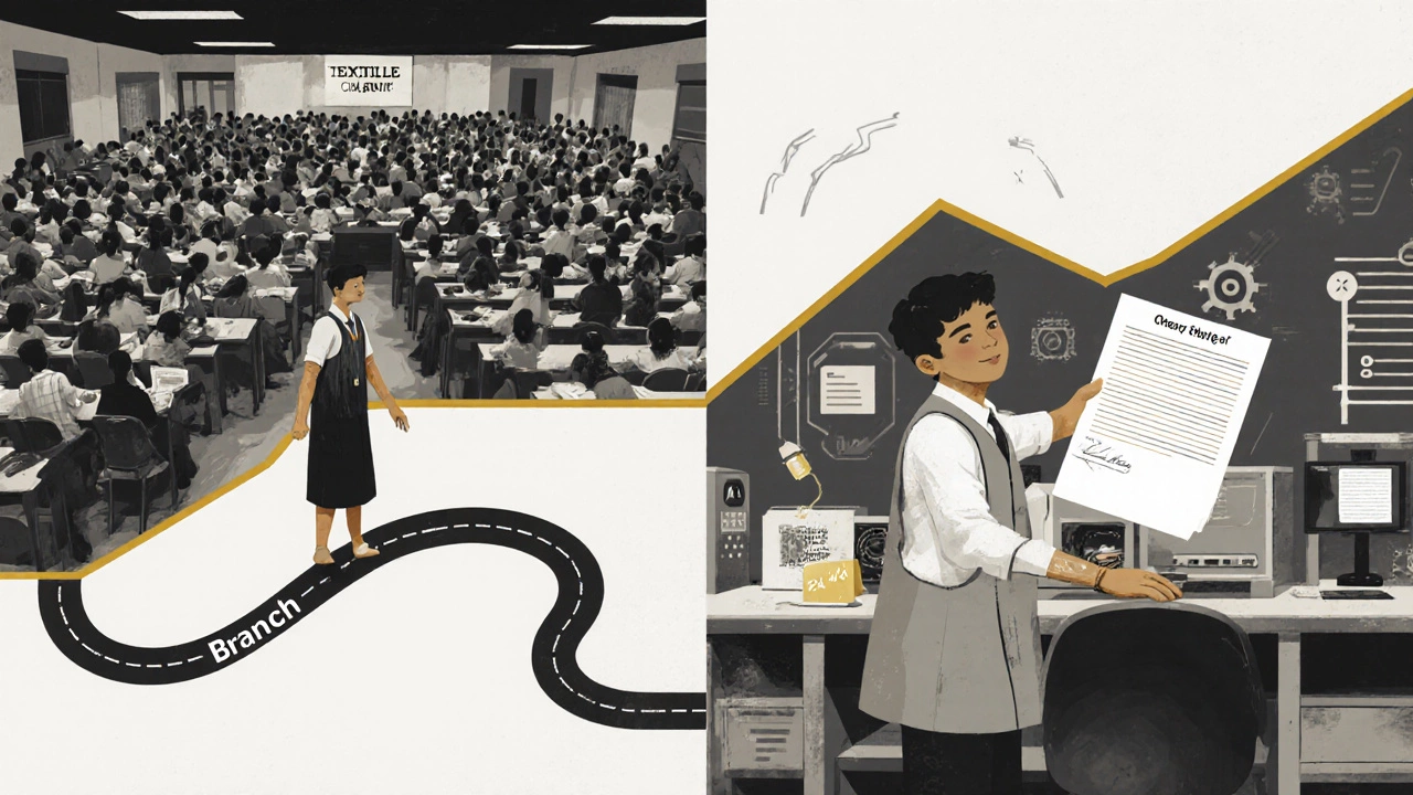 Split image showing journey from Textile Tech to R&amp;D career with branch change path