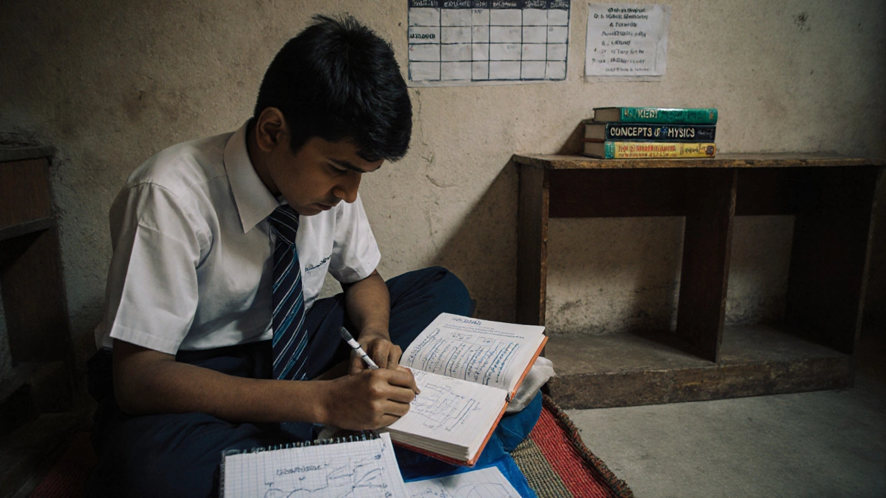Student solving HC Verma problem on floor with only four core books visible